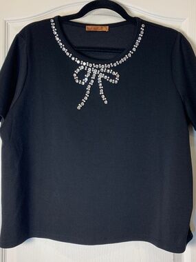 Belldini Black Embellished Bow Top XL Chic Pearl Rhinestone Detail Party Evening